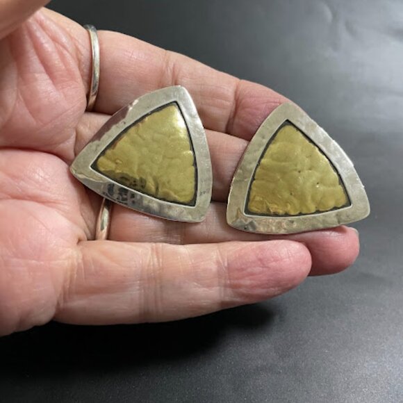 Vintage Jeep Collins Triangle Earrings Sterling Silver Brass Modernist Clip On - Picture 11 of 16